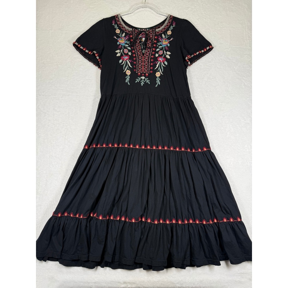 Johnny Was Black Embroidered Tiered Cotton Midi Dress Womens Small J31821-3 Boho
